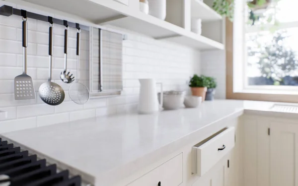 Close Kitchen Marble Countertop Blurred Background Kitchen Appliances Utensils Window — Stock Photo, Image