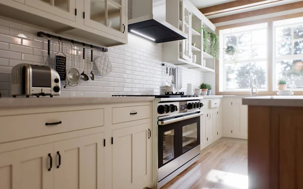 Large Stove Oven Grill Stylish Cozy Kitchen Appliances Plants Utensils — Stock Photo, Image