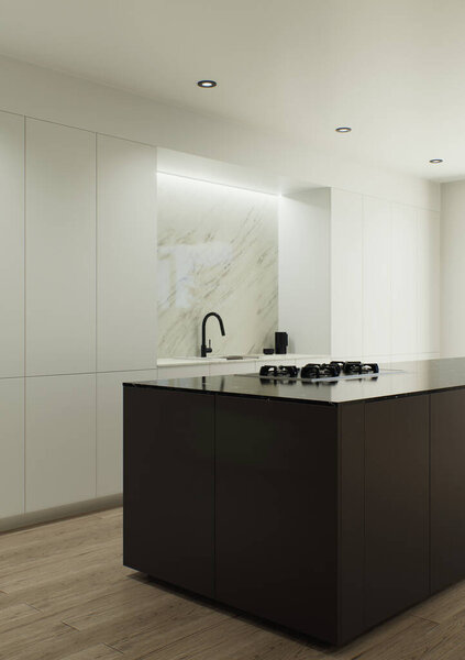 Design 3d visualization of the interior is made in a strict minimalistic style. Large dark kitchen island with recessed lighting and minimalist kitchen cabinets in light dark colors.