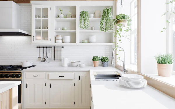 Washing Window Kitchen Greens Plates White Cabinets Cozy Bright Kitchen — Stock Photo, Image