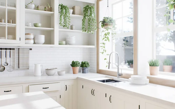 Washing by the window. Kitchen with greens, plates and white cabinets. Cozy bright kitchen. Stylish, cozy kitchen with appliances and plants with sun rays. 3d rendering