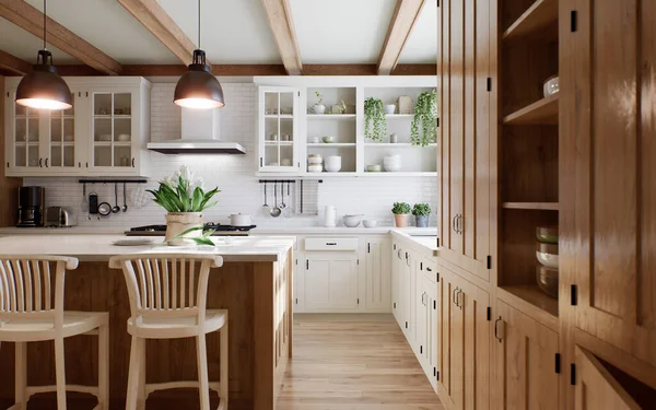 Interior Large Shaped Kitchen Wooden Front Large Island Stylish Cozy — Stock Photo, Image