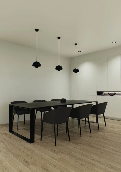 Design Visualização Interior Feita Estilo Minimalista Rigoroso Jantar Mesa Preta — Fotografia de Stock