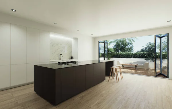 Design Visualização Interior Feita Estilo Minimalista Rigoroso Grande Ilha Cozinha — Fotografia de Stock
