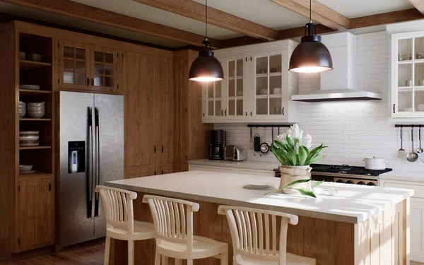 Interior Large Shaped Kitchen Wooden Front Large Island Stylish Cozy — Stock Photo, Image