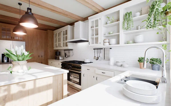 Washing Window Kitchen Greens Plates White Cabinets Cozy Bright Kitchen — Stock Photo, Image