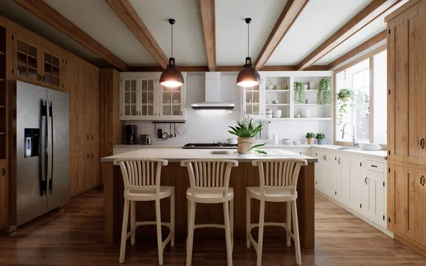 Das Innere Einer Großen Förmigen Küche Mit Einer Holzfront Und — Stockfoto