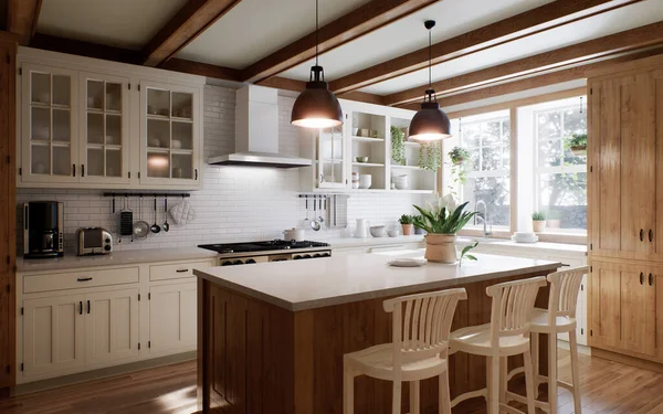 Het Interieur Van Een Grote Vormige Keuken Met Een Houten — Stockfoto