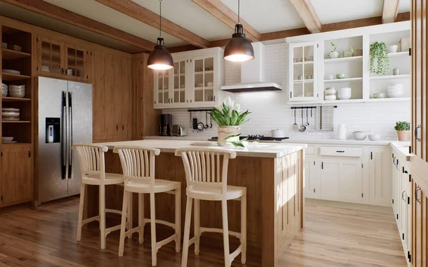 木製の正面と大きな島を持つ大きなU字型のキッチンのインテリア 日の光と家電や植物とスタイリッシュで居心地の良いキッチン 3Dレンダリング — ストック写真