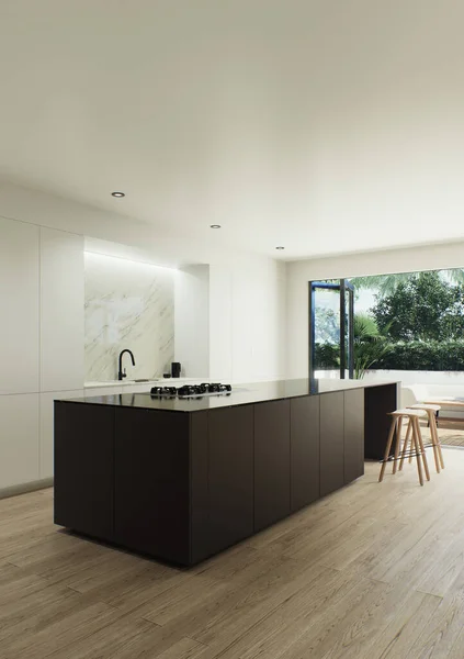 Design Visualization Interior Made Strict Minimalistic Style Large Dark Kitchen — Stock Photo, Image