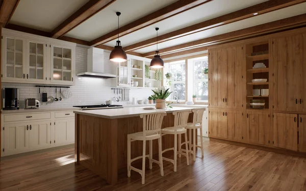 Interiér Velké Kuchyně Tvaru Dřevěným Průčelím Velkým Ostrovem Stylová Útulná — Stock fotografie