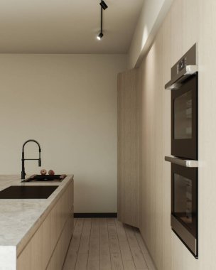 Sıcak renklerde mutfak stüdyosu. Ahşap adalı ve cepheli mutfak. Büyük bir ada ve mutfak aletleriyle bej rengi minimalist mutfak. 3d oluşturma