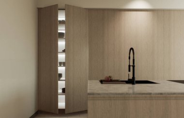 Sıcak renklerde mutfak stüdyosu. Ahşap adalı ve cepheli mutfak. Büyük bir ada ve mutfak aletleriyle bej rengi minimalist mutfak. 3d oluşturma