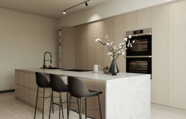 Sıcak renklerde mutfak stüdyosu. Ahşap adalı ve cepheli mutfak. Büyük bir ada ve mutfak aletleriyle bej rengi minimalist mutfak. 3d oluşturma