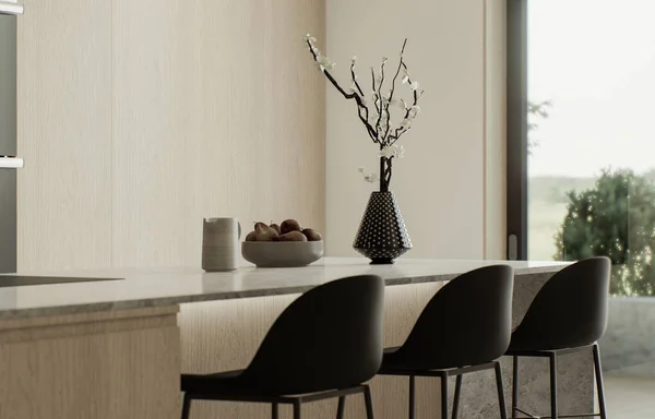 Küchenstudio Warmen Farben Küche Mit Holzinsel Und Fassaden Beige Minimalistische — Stockfoto