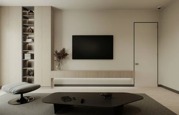 リビングルームでテレビ付きのインテリア アームチェアとコーヒーテーブルと棚や装飾付きのワードローブと大きなソファ 3Dレンダリング — ストック写真