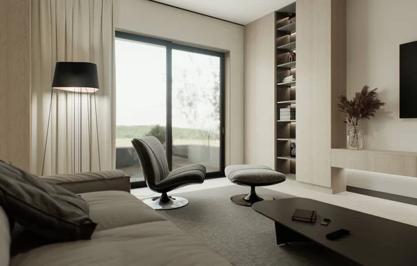 Amplio salón con un gran sofá esquinero blanco y mueble de tv, zona de  comedor con mesa de comedor. paredes grises y grandes ventanales.  representación 3d.
