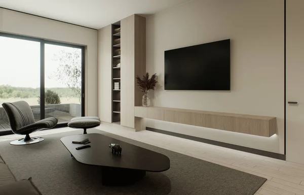 Interior Dengan Ruang Tamu Sofa Besar Dengan Kursi Dan Meja — Stok Foto