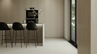 Sıcak renklerde mutfak stüdyosu. Ahşap adalı ve cepheli mutfak. Büyük bir ada ve mutfak aletleriyle bej rengi minimalist mutfak. 3d canlandırma