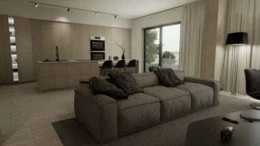 Stüdyonun içi, oturma odası ve açık alanı olan mutfak. Koltuğu ve minimalist mutfağı olan büyük bir kanepe. 3d canlandırma