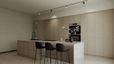 Sıcak renklerde mutfak stüdyosu. Ahşap adalı ve cepheli mutfak. Büyük bir ada ve mutfak aletleriyle bej rengi minimalist mutfak. 3d canlandırma
