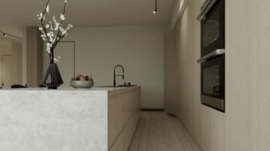 Sıcak renklerde mutfak stüdyosu. Ahşap adalı ve cepheli mutfak. Büyük bir ada ve mutfak aletleriyle bej rengi minimalist mutfak. 3d canlandırma