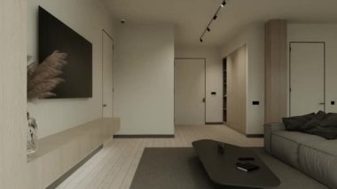 Stüdyonun içi, oturma odası ve açık alanı olan mutfak. Koltuğu ve minimalist mutfağı olan büyük bir kanepe. 3d canlandırma