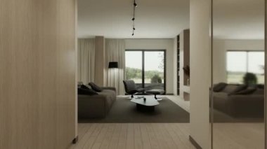 Stüdyonun içi, oturma odası ve açık alanı olan mutfak. Koltuğu ve minimalist mutfağı olan büyük bir kanepe. 3d canlandırma