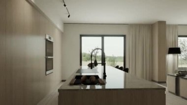 Sıcak renklerde mutfak stüdyosu. Ahşap adalı ve cepheli mutfak. Büyük bir ada ve mutfak aletleriyle bej rengi minimalist mutfak. 3d canlandırma