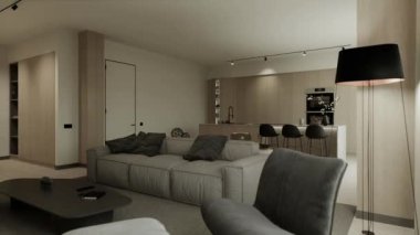 Stüdyonun içi, oturma odası ve açık alanı olan mutfak. Koltuğu ve minimalist mutfağı olan büyük bir kanepe. 3d canlandırma