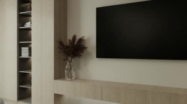 Oturma odasında televizyon var. Koltuklu, kahve masalı, raflı ve dekorlu büyük bir kanepe. 3d canlandırma