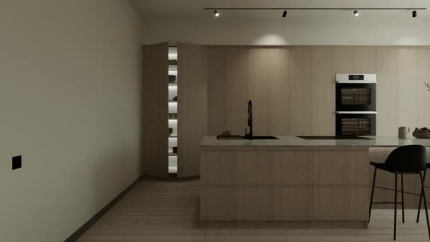 厨房工作室在温暖的色彩 有木制岛屿和立面的厨房 米色简约厨房与一个大岛和厨房用具 3D动画 — 图库视频影像