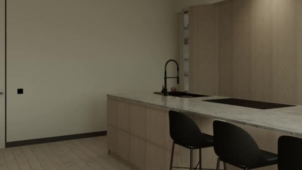 Studio Kuchyně Teplých Barvách Kuchyně Dřevěným Ostrovem Fasádami Béžová Minimalistická — Stock video