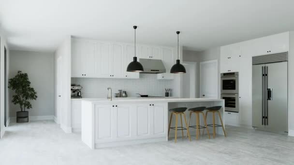 Weiße Kücheneinrichtung Mit Insel Küchengeräten Und Beleuchtung Küche Mit Großem — Stockvideo