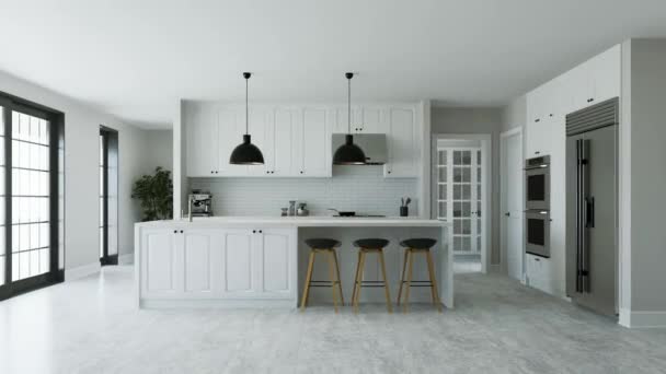 Interior Cozinha Branca Com Ilha Utensílios Cozinha Iluminação Cozinha Com — Vídeo de Stock