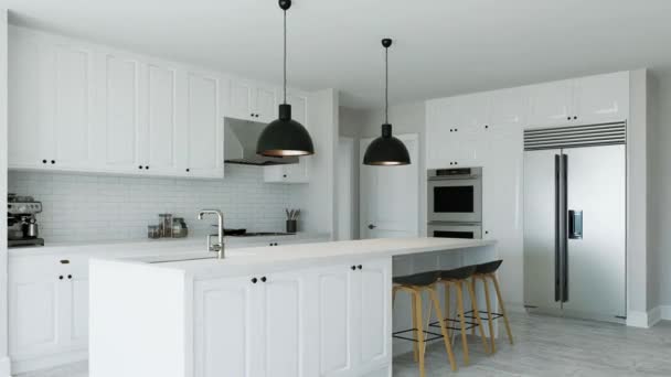 Interior Cozinha Branca Com Ilha Utensílios Cozinha Iluminação Cozinha Com — Vídeo de Stock