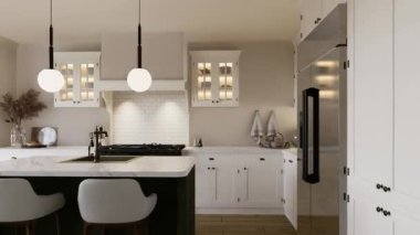 Yeşil bir adası olan sıcak renklerde parlak bir mutfak. Ev aletleri ve çatal bıçaklarla dolu mutfak. 3 Boyutlu Canlandırma