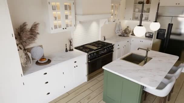 Helle Küche Warmen Farben Mit Grüner Insel Kücheneinrichtung Mit Haushaltsgeräten — Stockvideo