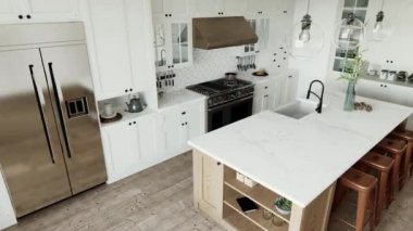 Geleneksel L şeklinde mutfak, büyük ada ve mutfak aletleri. Beyaz dolapları ve ahşap adası olan bir mutfak. 3 Boyutlu Canlandırma