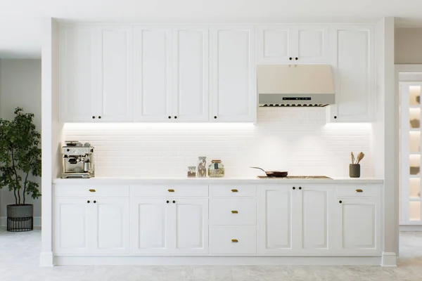 Cozinha Branca Com Armários Clássicos Bancadas Mármore Eletrodomésticos Projeto Cozinha — Fotografia de Stock