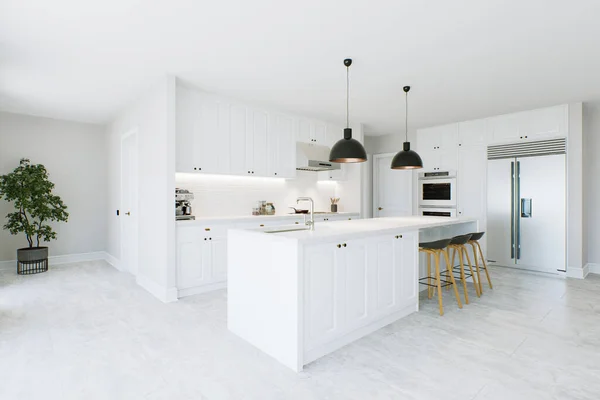 Stylish White Kitchen Island Black Chandeliers Appliances Utensils Kitchen Common — Stock Photo, Image
