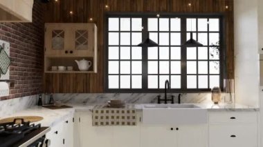 Beyaz mutfak, koyu kırmızı tuğla, ahşap, büyük pencere ve mutfak aletleri. L şeklinde mutfak, kirişler ve yemek masası. 3d canlandırma