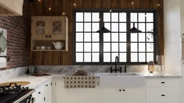 白色厨房 有深红色的砖 大窗户和厨房用具 L型厨房 配有横梁和餐桌 3D动画 — 图库视频影像