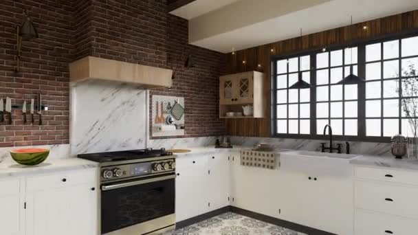 白色厨房 有深红色的砖 大窗户和厨房用具 L型厨房 配有横梁和餐桌 3D动画 — 图库视频影像