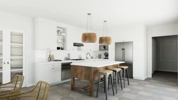 白色厨房 有木岛和花纹木固定装置 厨房用具和炊具 传统风格的时尚厨房 3D动画 — 图库视频影像
