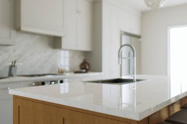 Mutfak adası manzarası, beyaz mermer tezgah ürün sunumu için bulanık beyaz mutfak arka planı. Bokeh 'te mutfak geçmişi bulanık bir masa. 3B görüntüleme