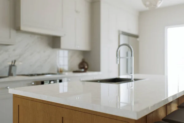 View Kitchen Island White Marble Countop Blurred White Kitchen Background — стоковое фото