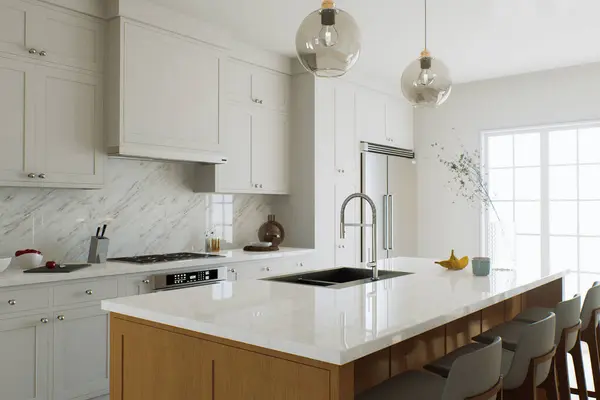 Pemandangan Pulau Dapur Meja Marmer Putih Dengan Latar Belakang Dapur — Stok Foto