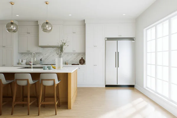 Lichte Keuken Met Eiland Grote Dubbele Deur Koelkast Witte Keuken — Stockfoto