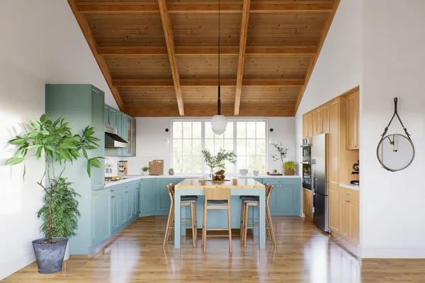 Large U-shaped green kitchen with island and wooden countertop. Kitchen interior with high ceiling and wood in the interior. 3d rendering.